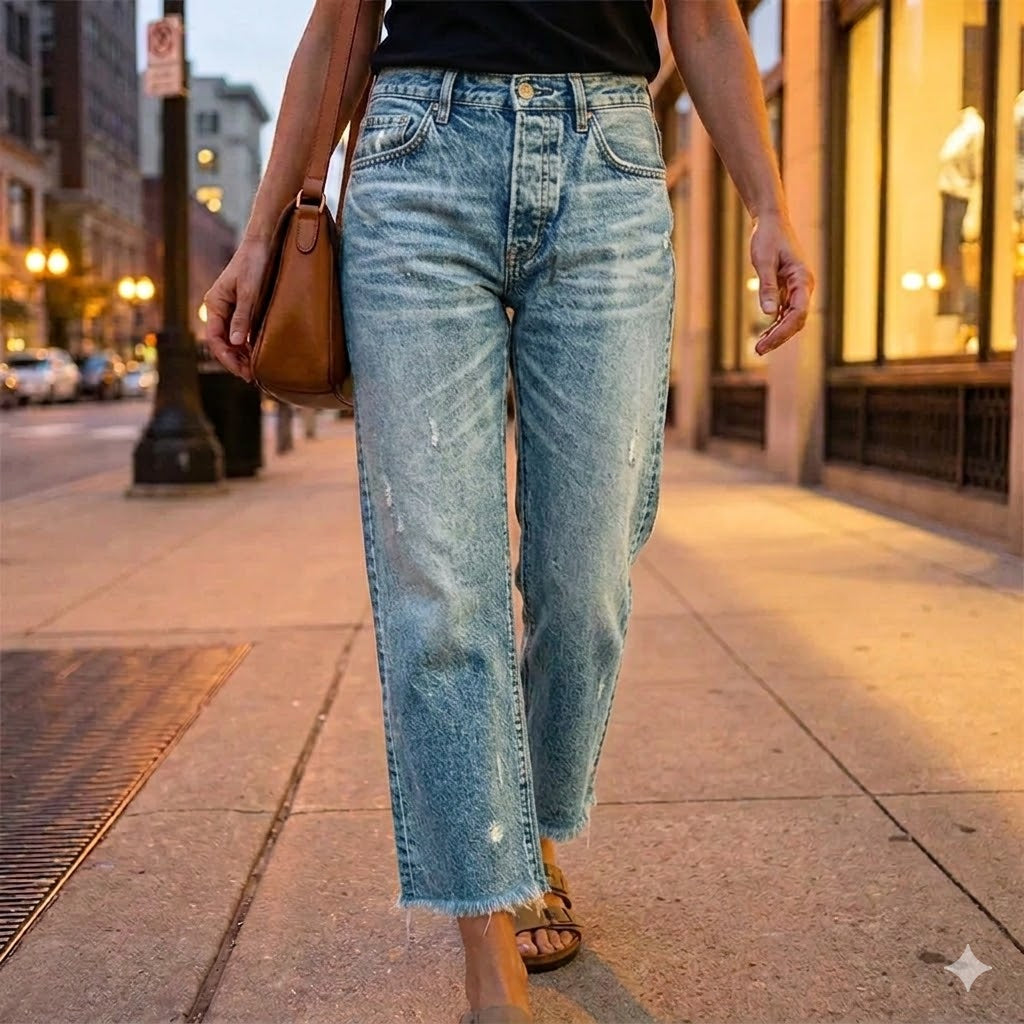 Aberjean - Retro Cropped Straight Jeans