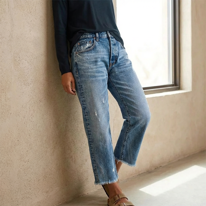 Aberjean - Retro Cropped Straight Jeans